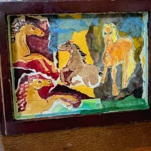 Handpainted signed Watercolor wood decor Wild Horses
